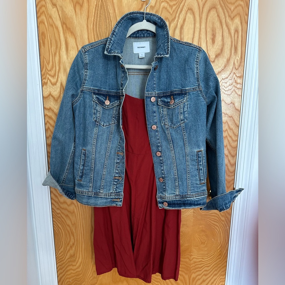 Bundle: Burgundy Dress and Jean Jacket. Small